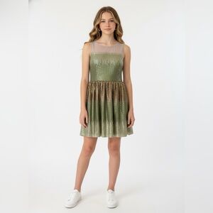 12‎ NEW Elisa B Green & Gold Gorgeous Girls Sequin Dress Sheer Top